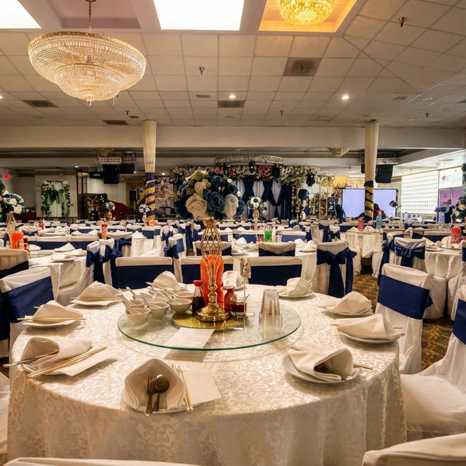 A large banquet hall with round tables set with white tablecloths and chairs with navy blue sashes.