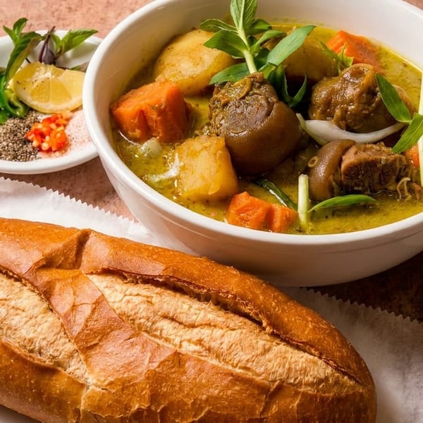 A bowl of Vietnamese curry with meat, potatoes, and carrots, served with a baguette and dipping sauce.