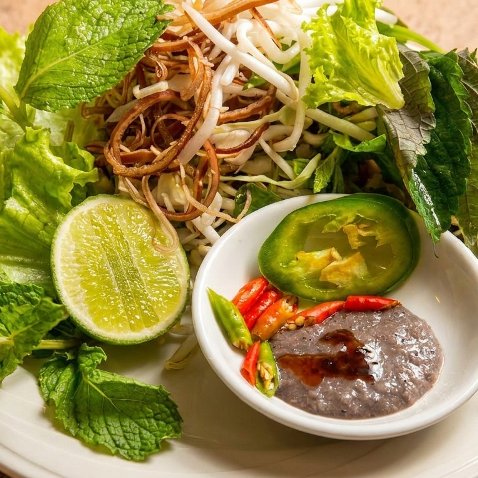A vibrant plate of fresh herbs, lettuce, bean sprouts, lime, and a dipping sauce with chilies.