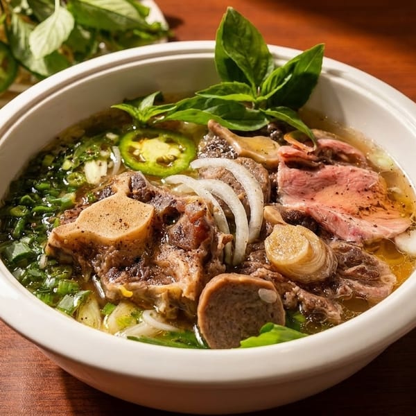 A bowl of pho with beef, oxtail, sliced onions, and green herbs, with a side of bean sprouts.