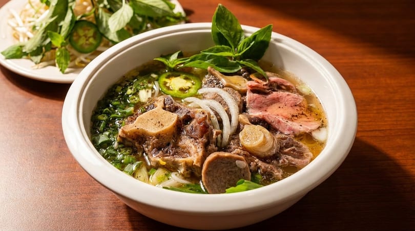 A bowl of pho with beef, oxtail, sliced onions, and green herbs, with a side of bean sprouts.